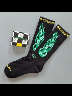Matty boy flames Black Socks with Green Flame Graphic - Men's Crew Socks